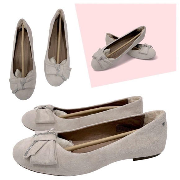 UGG JACQUELINE SWAROVSKI CRYSTAL BLING BOW SNOW WHITE SHOES FLATS SIZE 7 - Picture 1 of 9